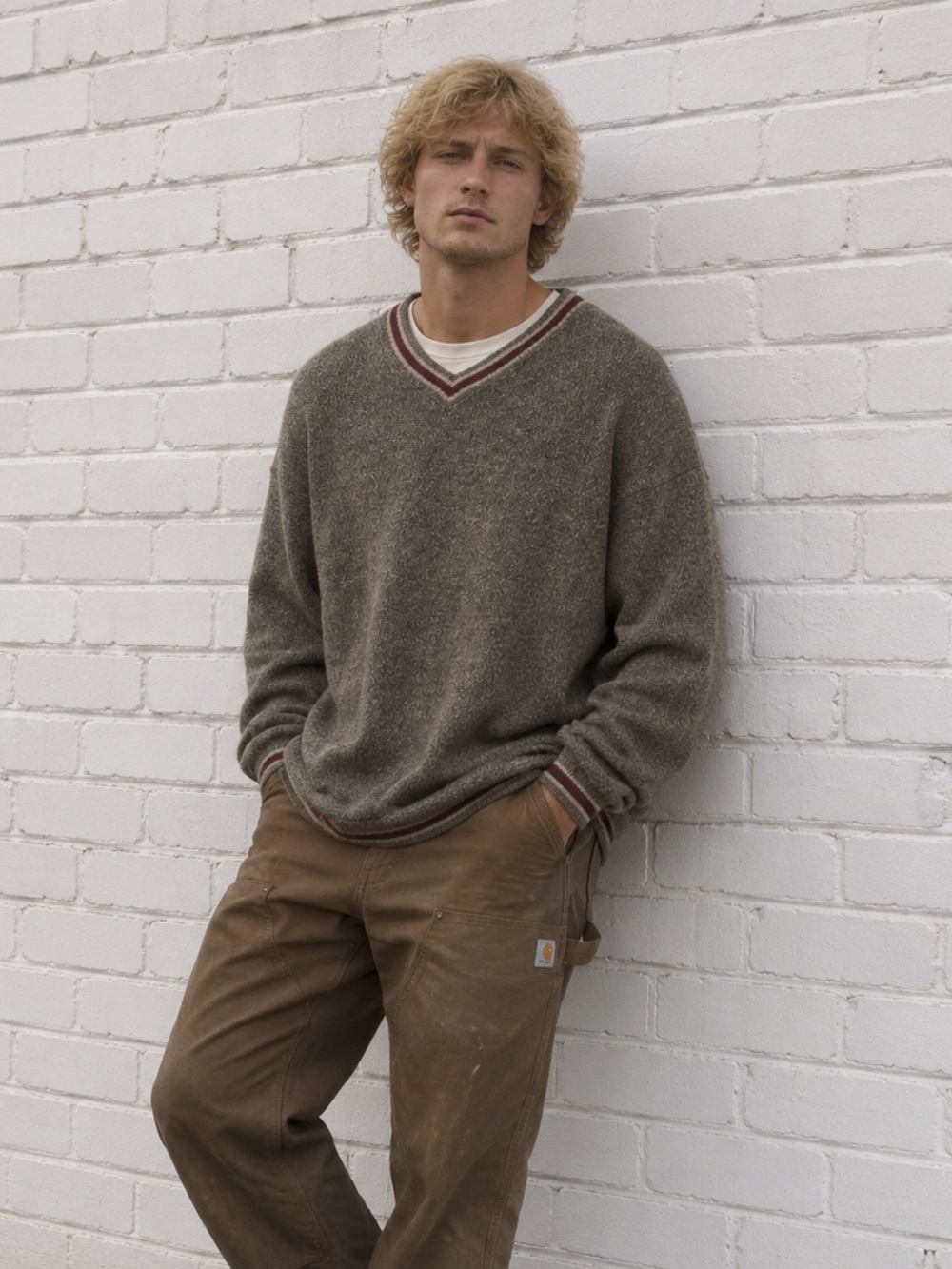 Vintage Mens XL Grandpa Grunge Sweater Salt Pepper V-Neck Slouchy 90s Knit Wool - Picture 3 of 10
